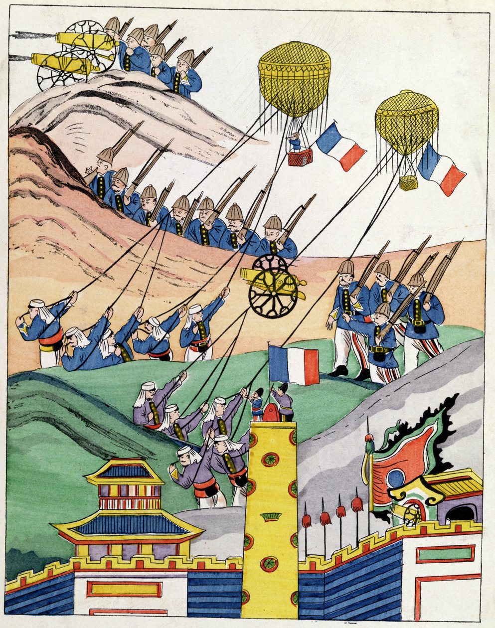 Juliste, jossa ranskalaiset joukot käyttivät vangittuja ilmapalloja Tonkinin valloituksen aikana, 1884 tekijältä Indo Chinese School