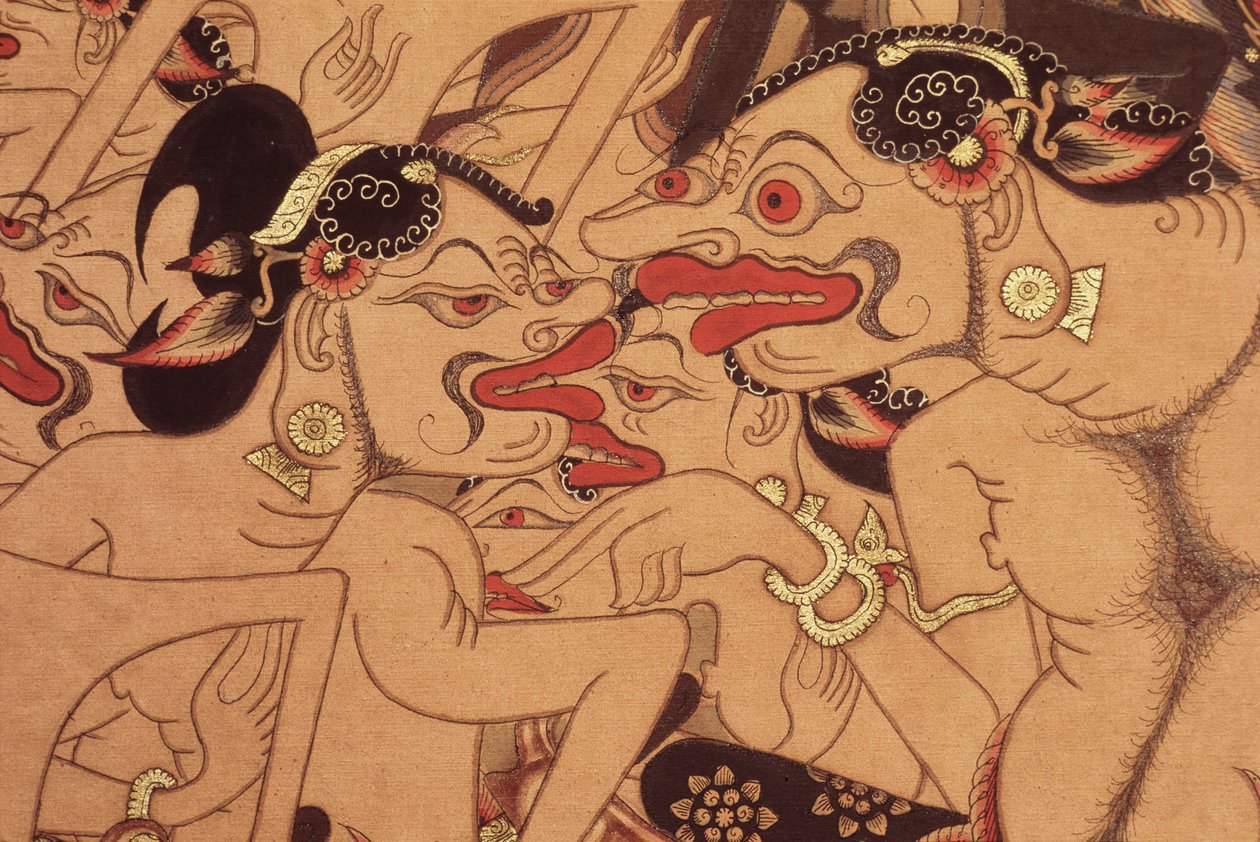 Yksityiskohta Wayang Beber -kääröstä (akvarelli paperille) tekijältä Indonesian Indonesian