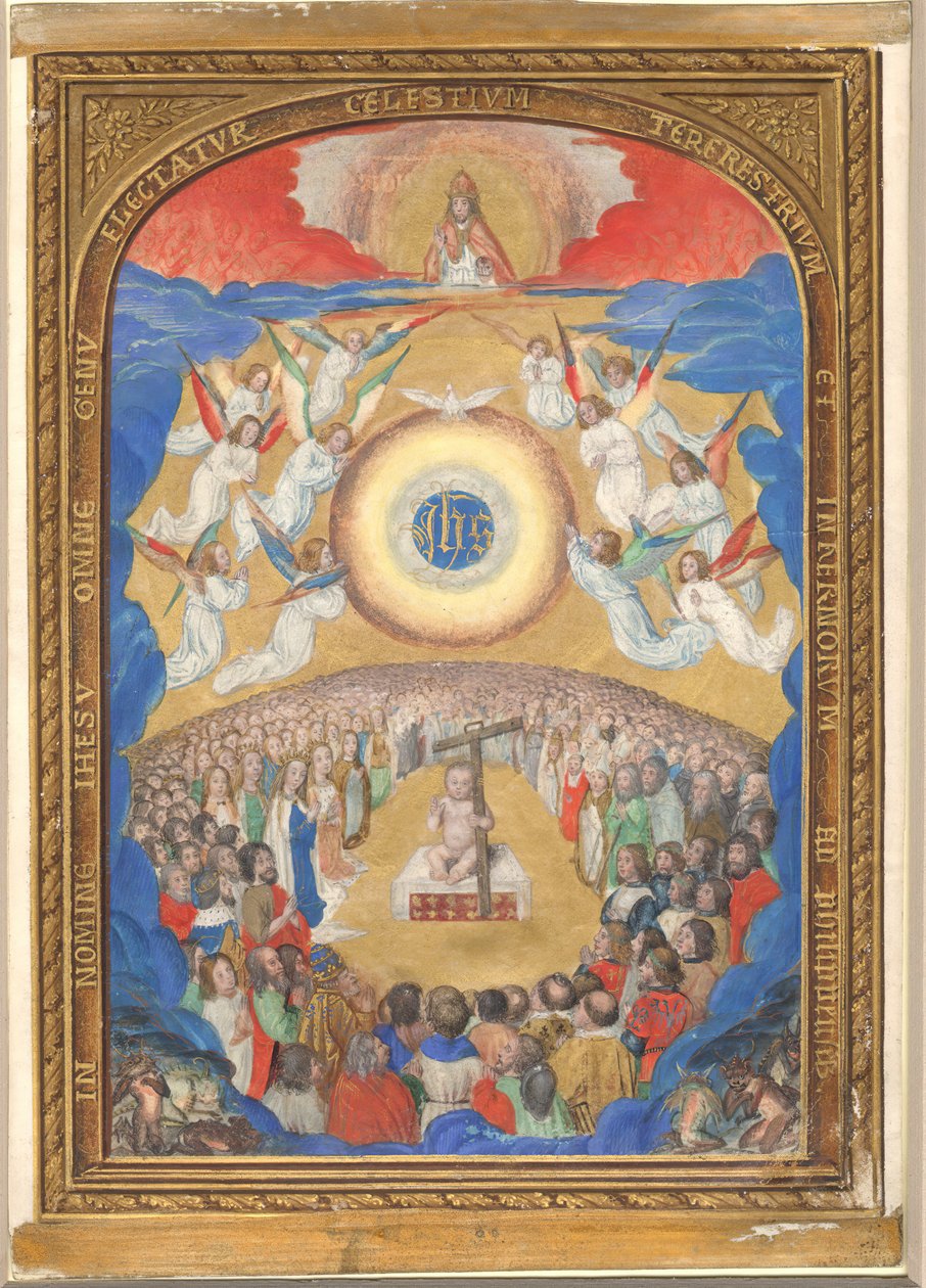 Käsikirjoituslehti, jossa pyhän nimen palvonta, Tuntikirjasta, vuoden 1530 jälkeen. tekijältä Influence of Simon Bening