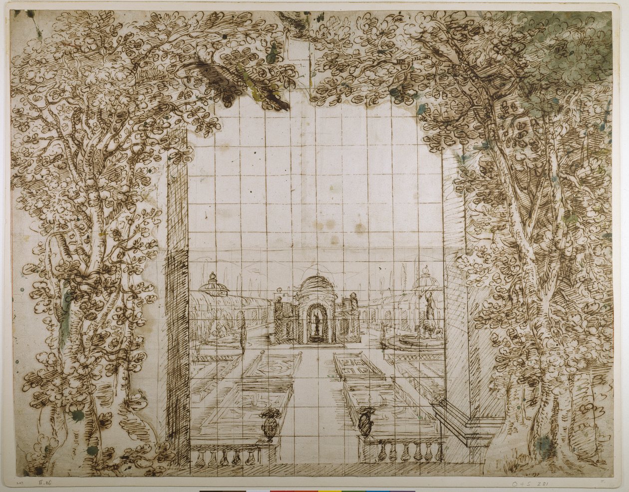 Puutarha ja ruhtinaallinen huvila (kynä ja muste paperille) tekijältä Inigo Jones