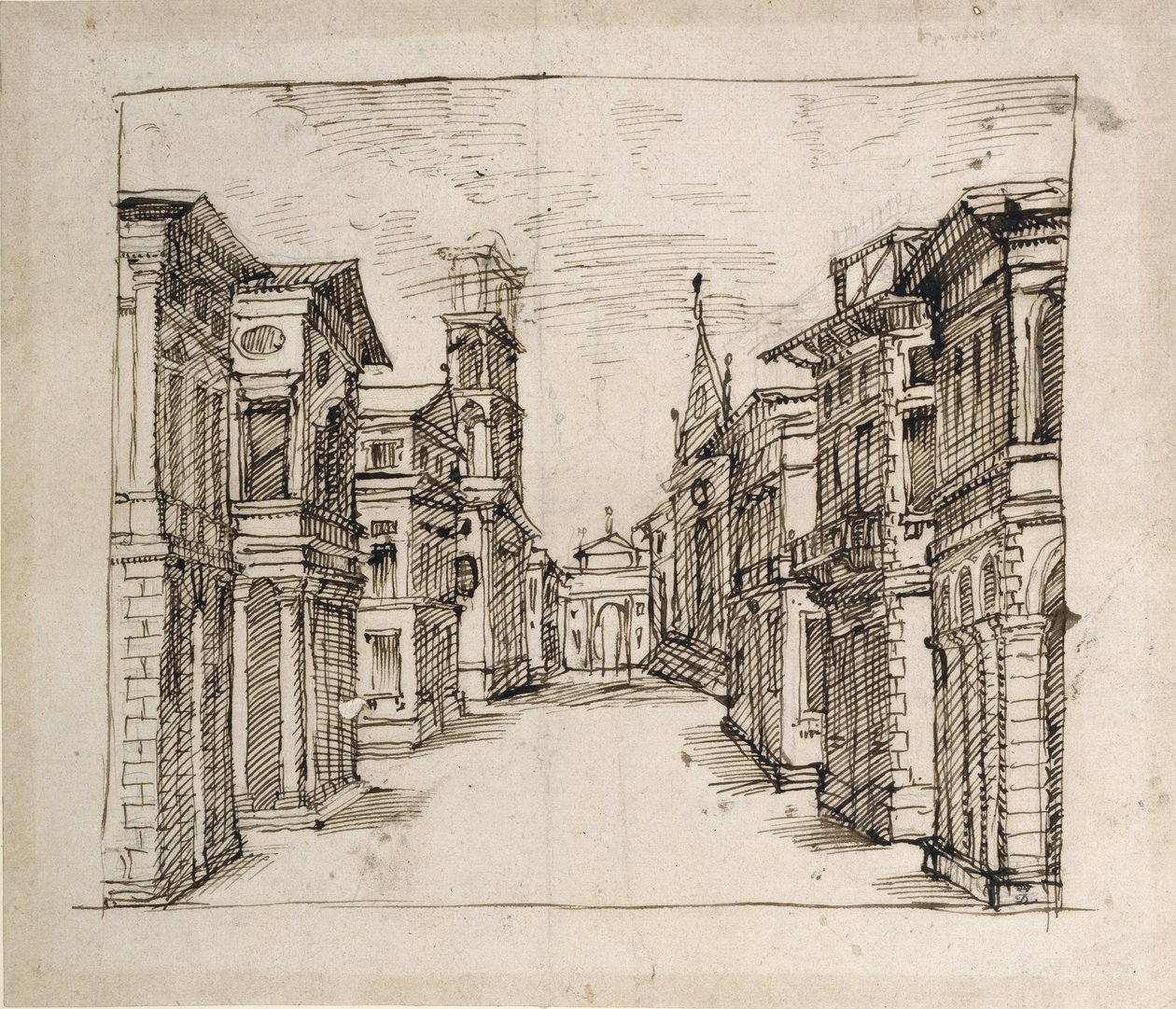 Katu perspektiivissä, n. 1617 (kynä ja muste paperille) tekijältä Inigo Jones