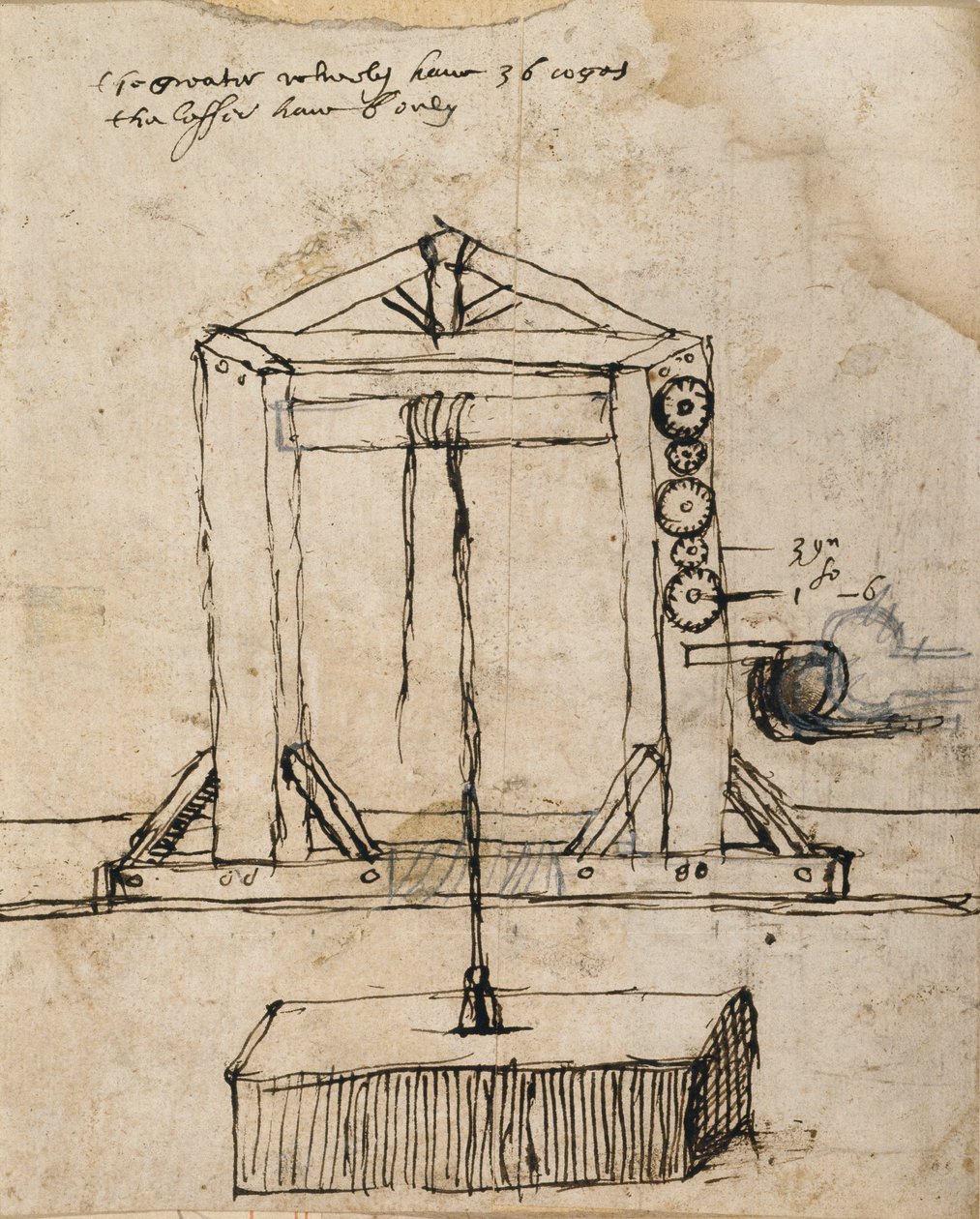 Kaavio hihnapyörän nostomuurauksesta (kynä ja muste paperille) tekijältä Inigo Jones