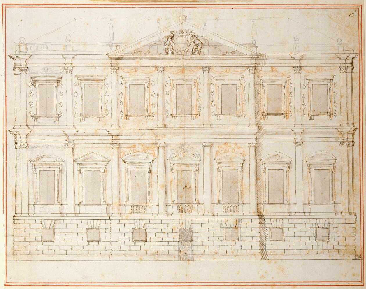 Banqueting Housen, Whitehallin, n. 1619, toiseksi viimeisen suunnitelman korkeus (kynä ja muste paperille) tekijältä Inigo Jones