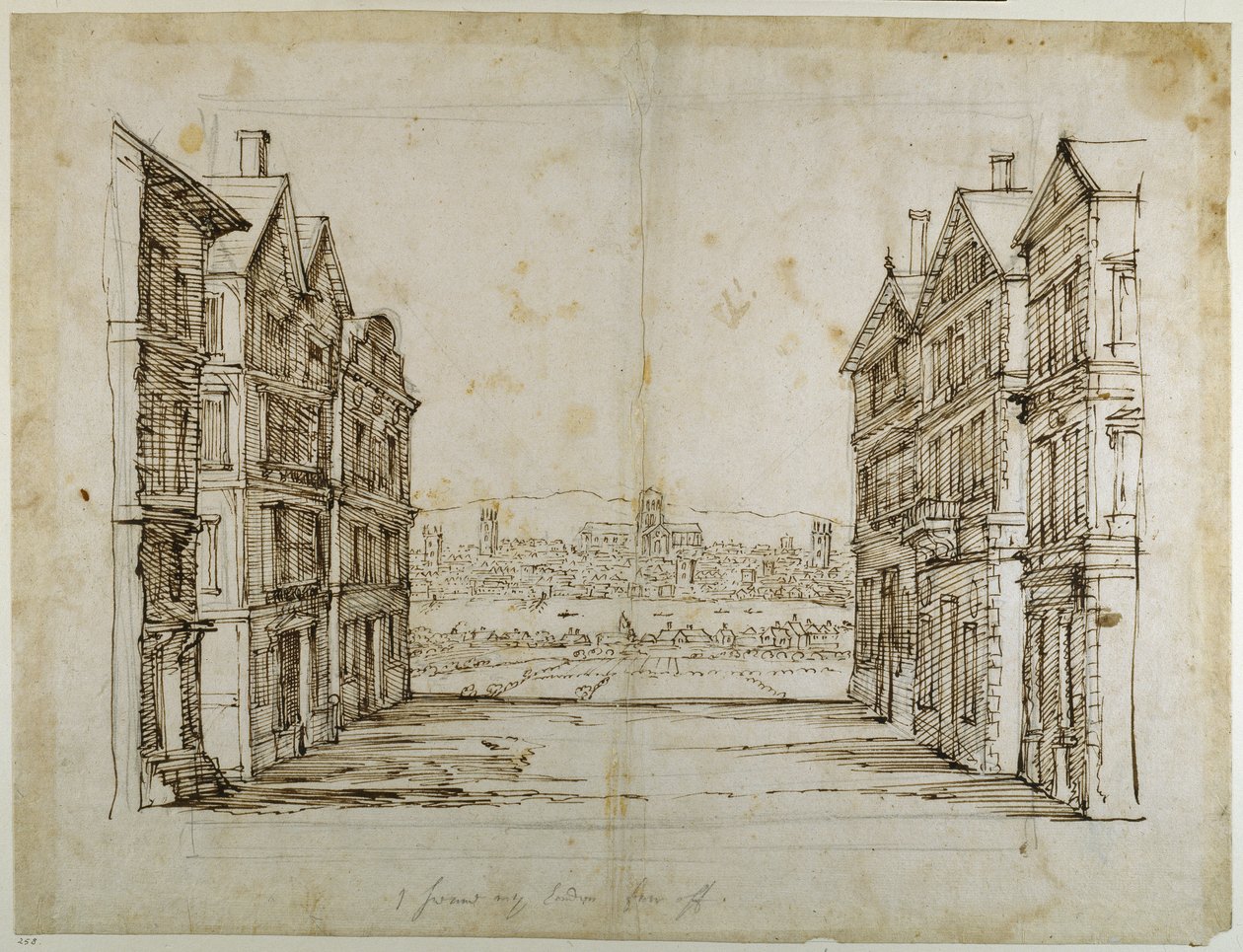 Englantilaiset talot Lontoon ja Thamesin kanssa kaukana (kynä ja muste paperille) tekijältä Inigo Jones