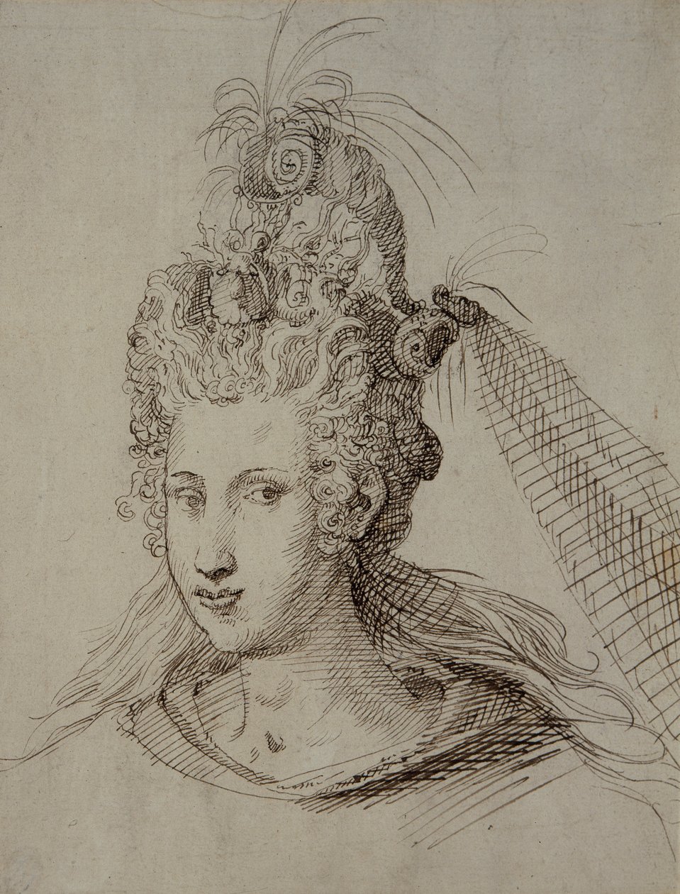 Päähine, luultavasti Anne of Denmark (kynä ja muste paperille) tekijältä Inigo Jones