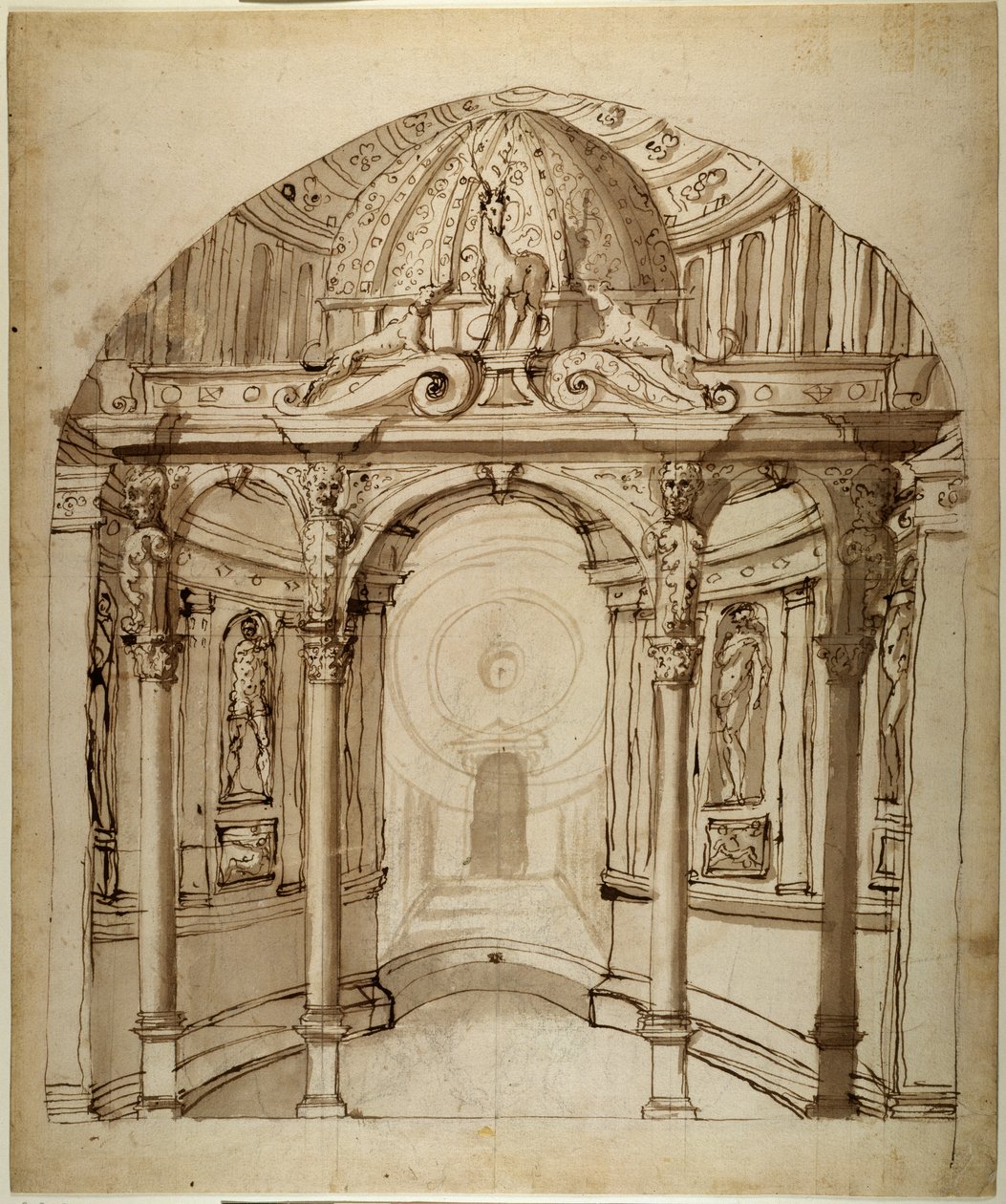 Palatsin sisustus, n. 1611 (kynä ja muste paperille) tekijältä Inigo Jones