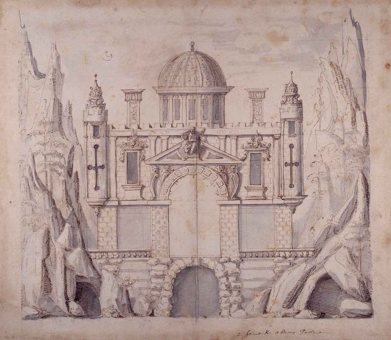 Oberonin palatsi, n. 1611 (kynä ja muste paperille) tekijältä Inigo Jones