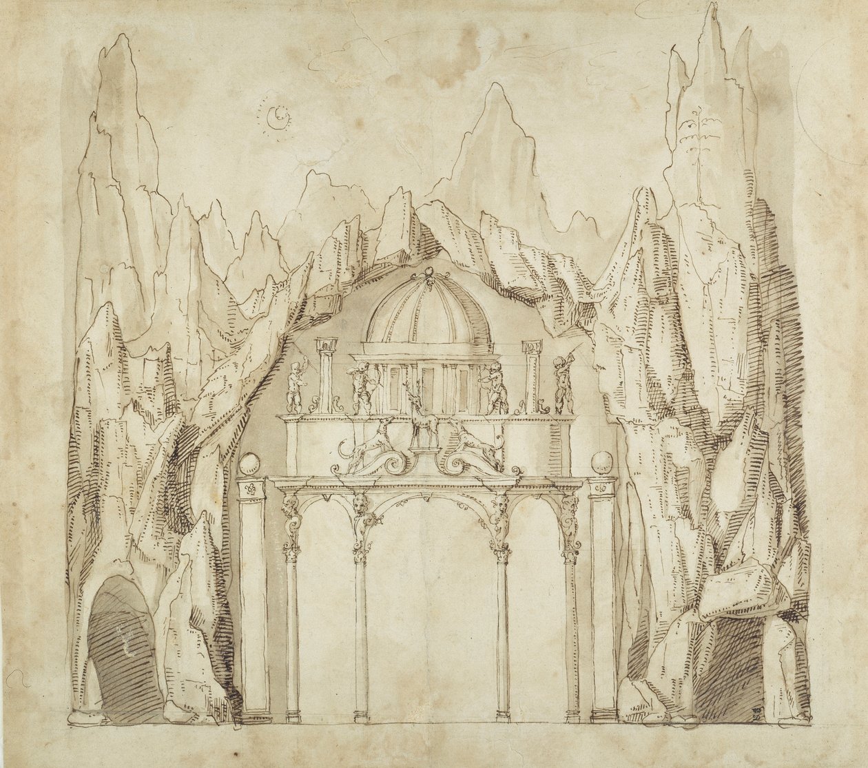 Palatsi luolassa, n. 1611 (kynä ja muste paperille) tekijältä Inigo Jones