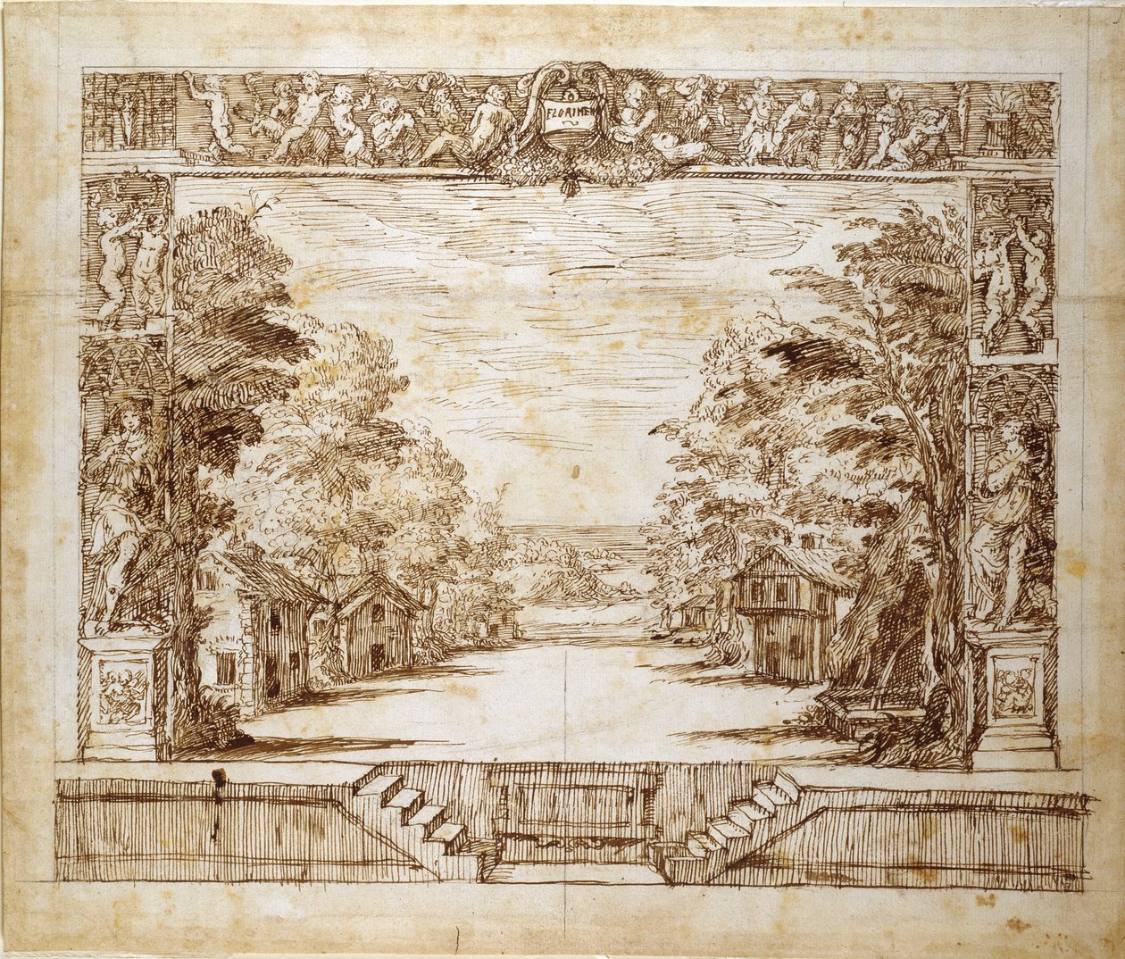 Proskenium ja seisova kohtaus, n. 1635 (kynä ja muste paperille) tekijältä Inigo Jones