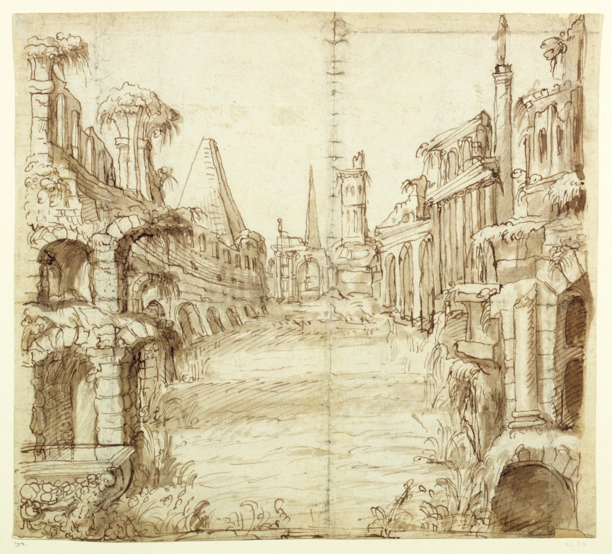 The Fallen House of Chivalry, n. 1610 (kynä ja muste paperille) tekijältä Inigo Jones