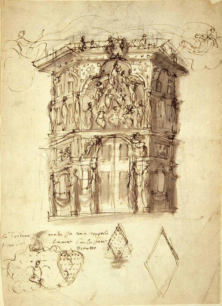 The Masque of Queens, kohtaus 2: House of Fame, n. 1609 (kynä ja muste paperille) tekijältä Inigo Jones