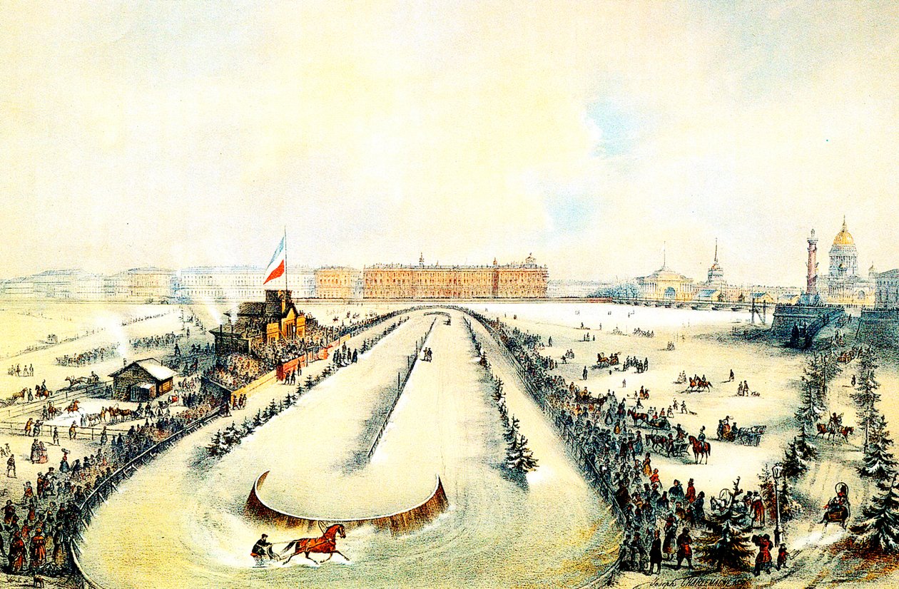 Hevoskilpailut Neva-joella Pietarissa, Venäjällä, 1859. tekijältä Iosif Adolfovich Charlemagne