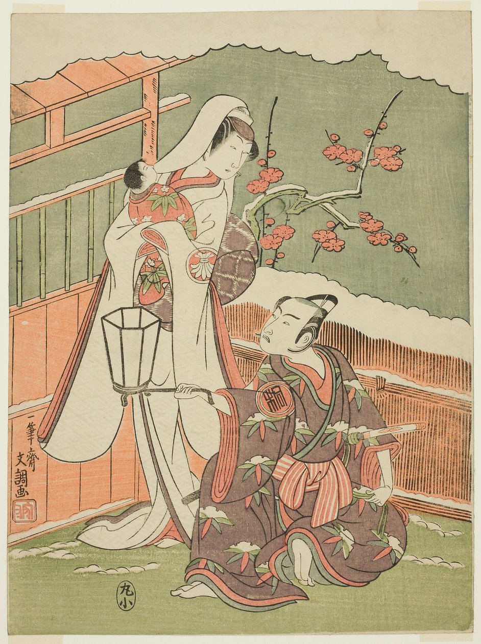 Näyttelijät Arashi Sangorô II Minamoto no Yoritomon roolissa ja Segawa Kikunojô II Lumenaisena elokuvassa "Izun puuvillavanu, joka suojaa avioliiton krysanteemeja" ("Myôtogiku Izu no Kisewata"). tekijältä Ippitsusai Bunchō