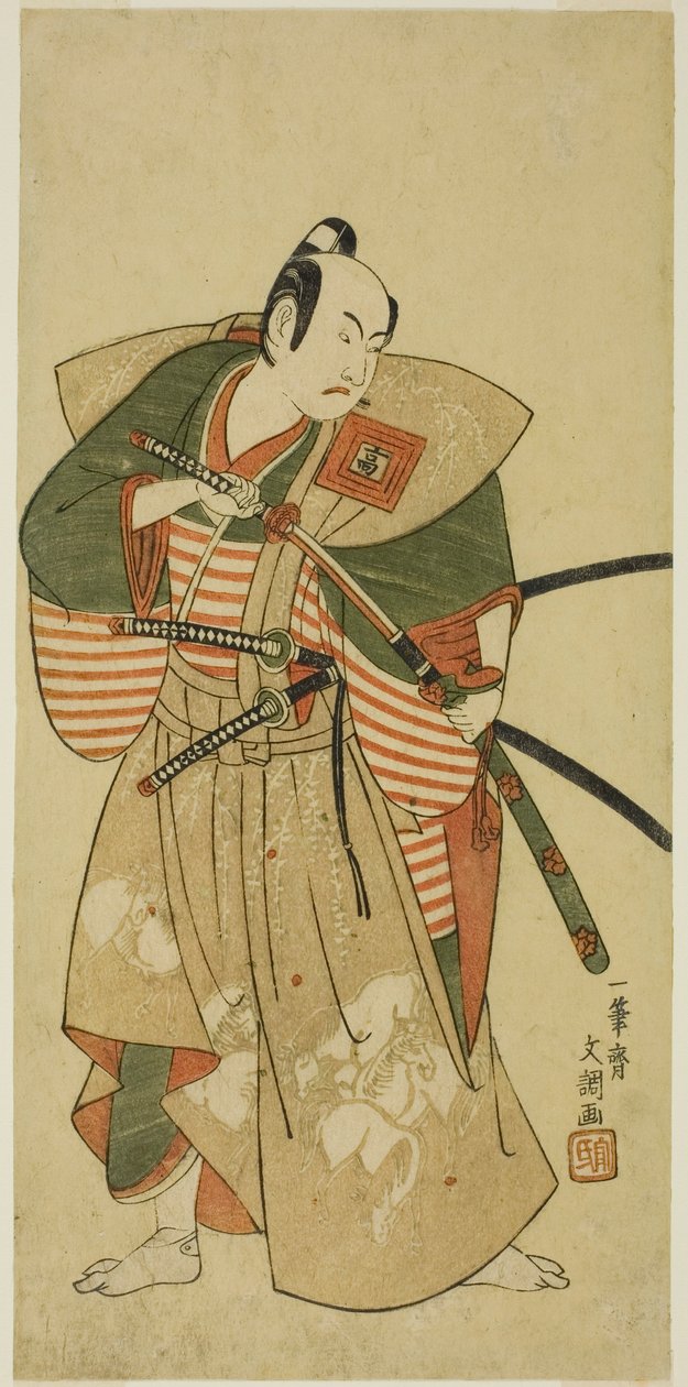 Näyttelijä Ichikawa Komazo II Kudo Saemon Suketsunena (?) näytelmässä Haru wa Soga Akebono-zoshi (?), joka esitettiin Nakamura-teatterissa (?) ensimmäisenä kuukautena, 1772 (?) tekijältä Ippitsusai Bunchō