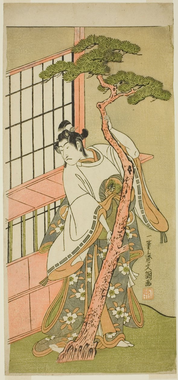 Näyttelijä Ichikawa Monnosuke II Tsunewaka-maruna näytelmässä Iro Moyo Aoyagi Soga, esitettiin Nakamura-teatterissa toisena kuukautena, 1775 tekijältä Ippitsusai Bunchō