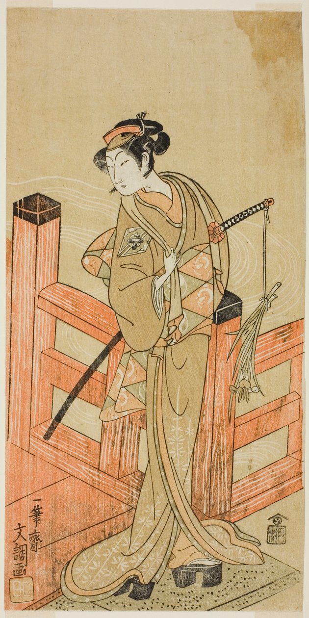 Näyttelijä Nakamura Matsue I Tsuchiya Umegawana Naamiaissumopainija Oyodoksi (?) Naniwa no Onna-zumo -näytelmässä (?), Esitettiin Nakamura-teatterissa (?) kuudennessa kuukaudessa, 1770 (?) tekijältä Ippitsusai Bunchō