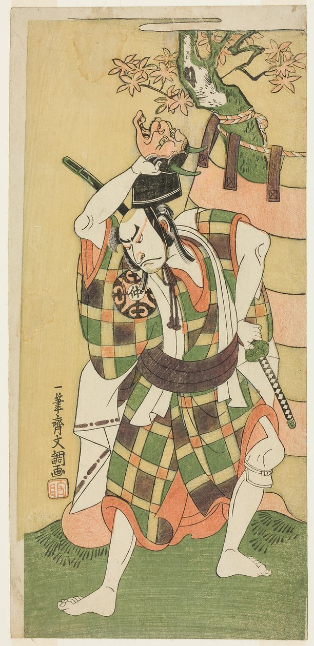 Näyttelijä Nakamura Nakazo I Yamaoka no Saburon roolissa elokuvassa "Momiji Kumo Nishiki no Tsuri Yogi" (Maple Clouds: A Brocade of Coverlets Hung Up), näytelmän Kawaranu Hanasakae Hachi no Ki (Aina kukkiva ruukkupuu) kolmannessa näytöksessä. Nakamura-teat tekijältä Ippitsusai Bunchō