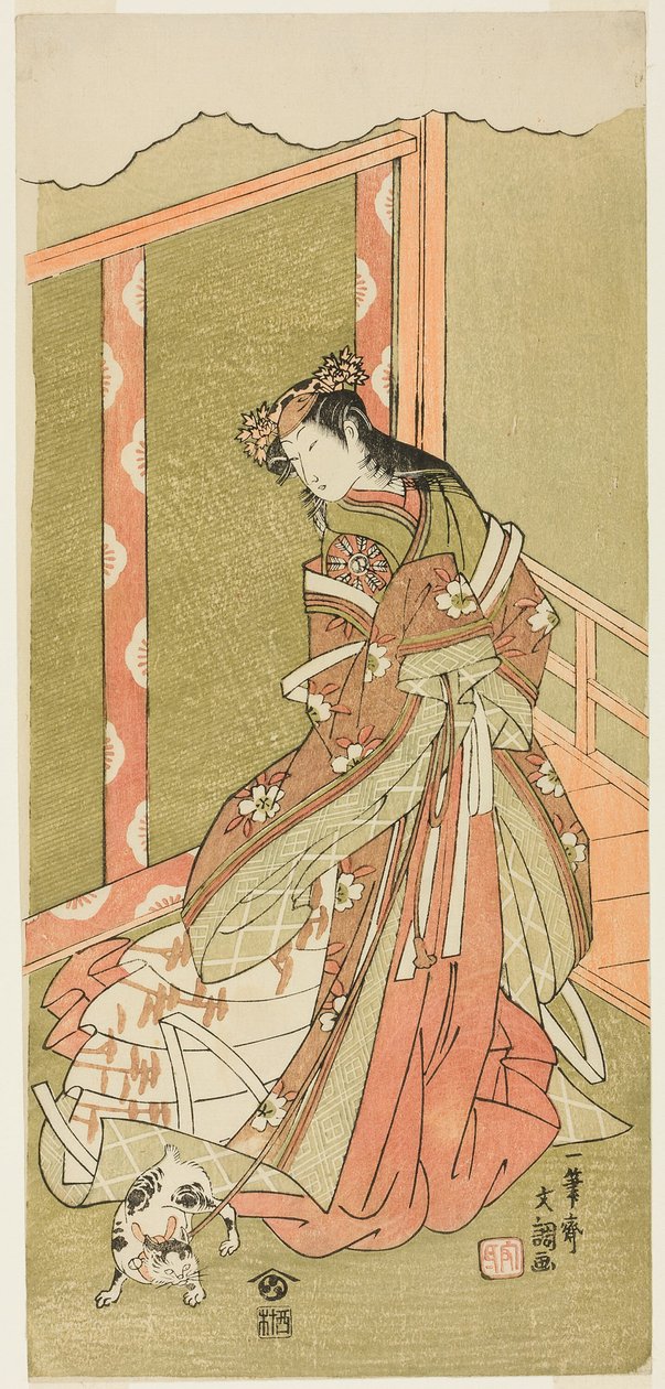 Näyttelijä Nakamura Noshio I kolmantena prinsessana (Nyosan no Miya) näytelmässä Fuki Kaete Tsuki mo Yoshiwara (uusitettu katto: Kuu paistaa myös Yoshiwaran huvialueen yli), esitetään Morita-teatterissa yhdennentoista kuun ensimmäisestä päivästä lähtien. tekijältä Ippitsusai Bunchō