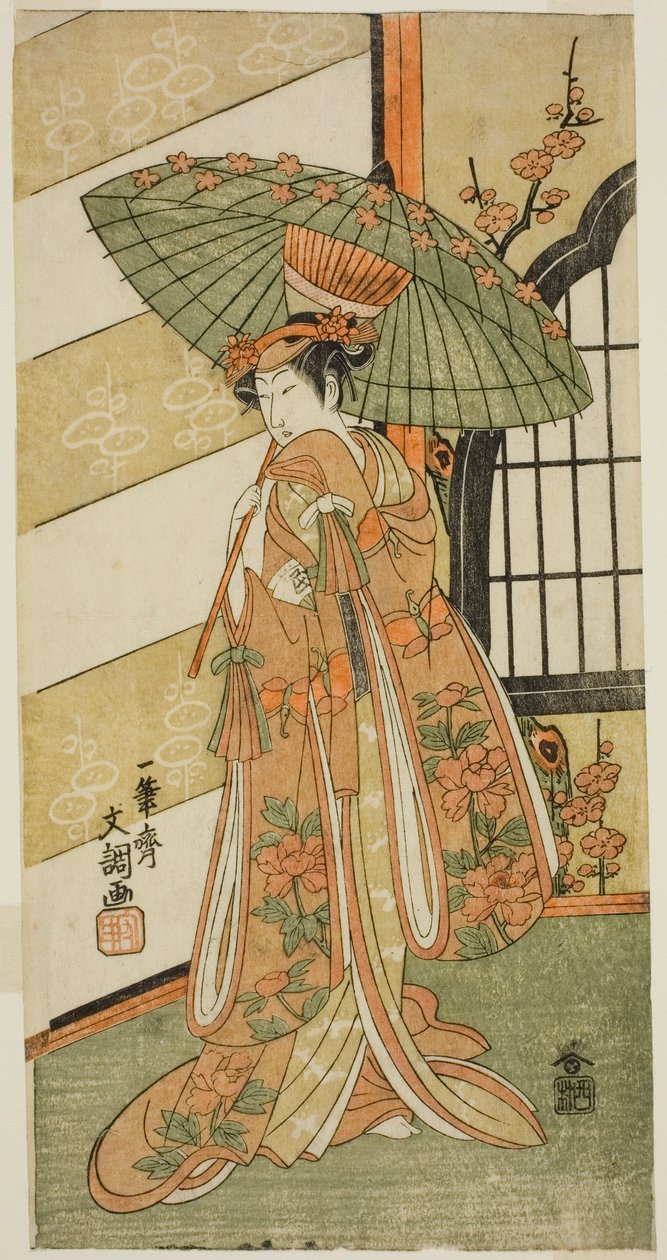 Näyttelijä Onoe Tamizo I Nishikigin roolissa näytelmässä Mutsu no Hana Ume no Kaomise, esitettiin Ichimura-teatterissa yhdestoista kuukaudessa, 1769 tekijältä Ippitsusai Bunchō