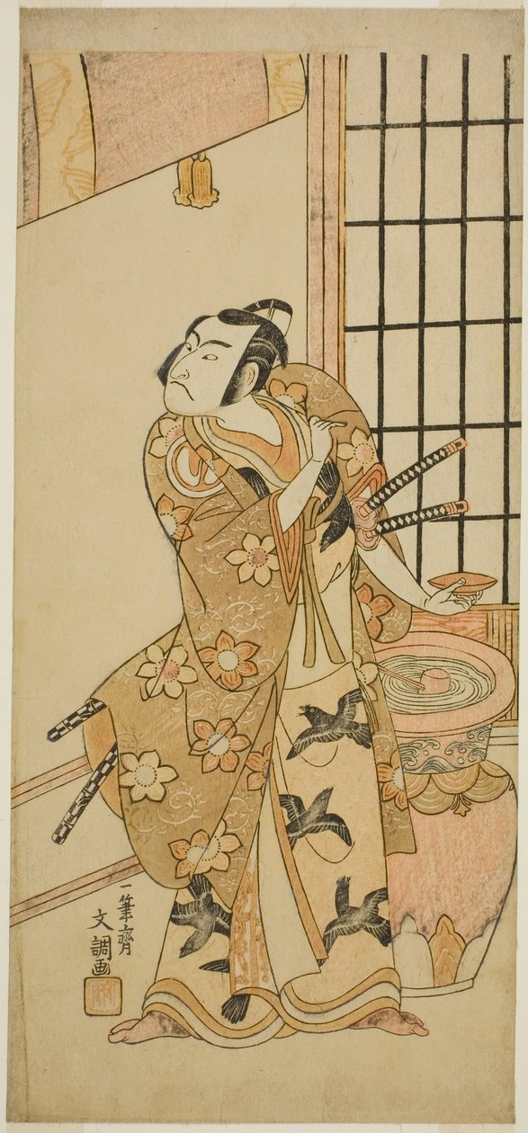 Näyttelijä Sawamura Sojuro II Kudo Suketsunena (?) näytelmässä Edo no Hana Wakayagi Soga (?), joka esitettiin Ichimura-teatterissa (?) toisessa kuussa, 1769 (?) tekijältä Ippitsusai Bunchō