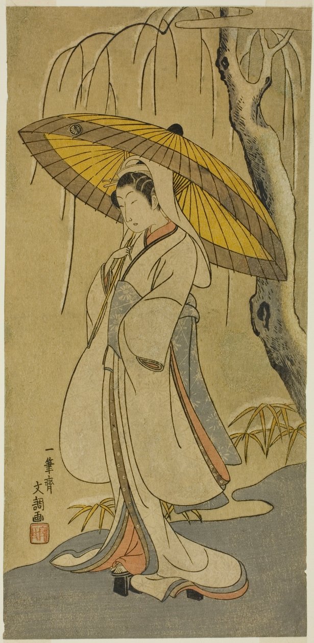 Näyttelijä Segawa Kikunojo II Heron Maidenna näytelmässä "Izun vanu suojelemassa avioliiton krysanteemeja (Myoto-giku Izu no Kisewata)," esitettiin Ichimura-teatterissa yhdennentoista kuukauden ensimmäisestä päivästä 1770 alkaen. tekijältä Ippitsusai Bunchō