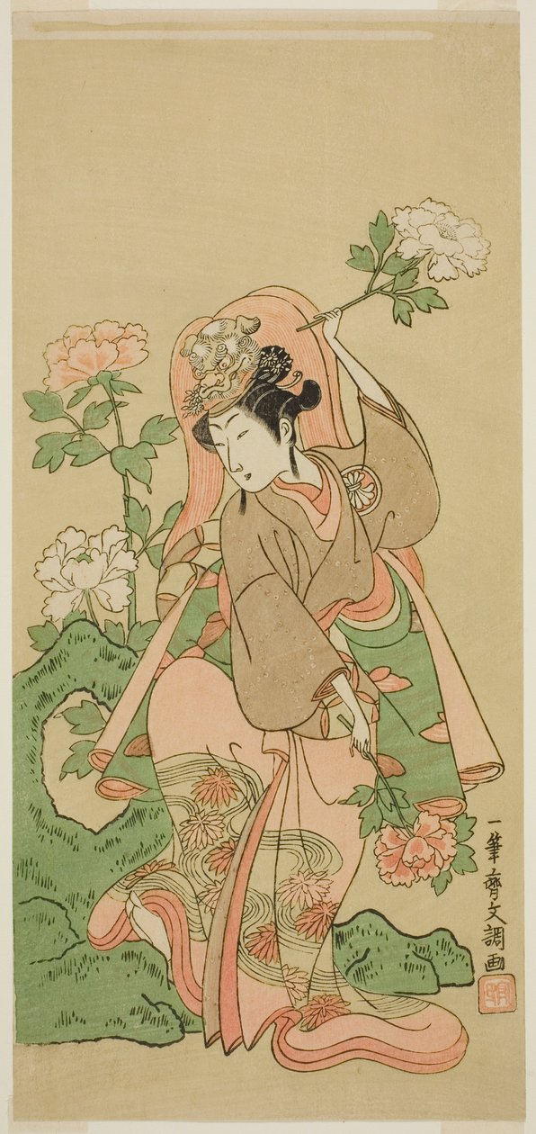 Näyttelijä Segawa Kikunojo II Shakkyo Dance näytelmässä Soga Moyo Aigo no Wakamatsu, esitettiin Nakamura-teatterissa toisessa kuussa, 1769 tekijältä Ippitsusai Bunchō