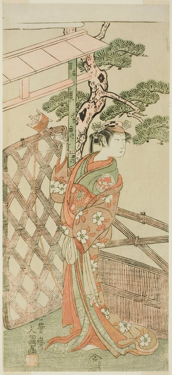 Näyttelijä Yamashita Kinsaku II Moshiona, Ito Sukekiyon vaimona näytelmässä Izu-goyomi Shibai no Ganjitsu, esitettiin Morita-teatterissa yhdestoista kuukaudessa, 1772 tekijältä Ippitsusai Bunchō