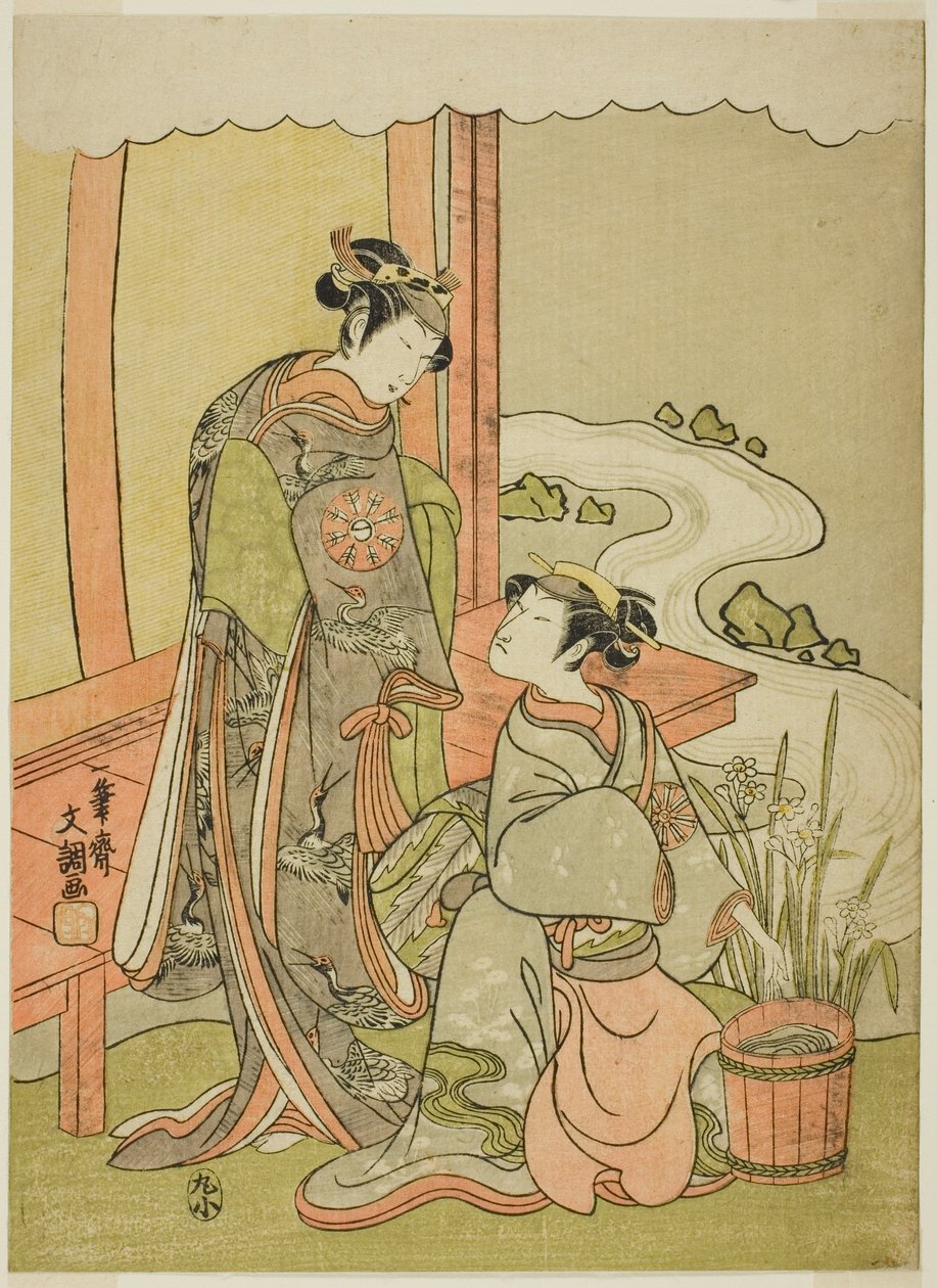 Näyttelijät Nakamura Tomijuro I Enjuna naamioituna Shirbyoshi Giolle (oikealla) ja Nakamura Noshio I Goo Naamioituna Hotoke Gozeniksi (vasemmalla) näytelmässä Miyako-zome Gio Katsugi, joka esitettiin Morita-teatterissa yhdestoista kuukaudessa, 1770 tekijältä Ippitsusai Bunchō