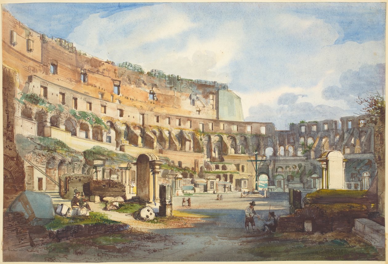 Colosseumin sisustus, akvarelli ja guassi grafiitin päällä kudottupaperille tekijältä Ippolito Caffi