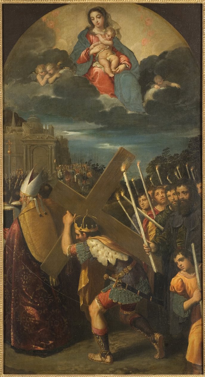 Heraklius I (versiot 575-641) rapporte la Vraie Croix a Jerusalem - Keisari Heraklius palauttaa todellisen ristin Jerusalemiin, kirjoittanut Scarsellino (Scarsella), Ippolito (1551-1620). Öljy kankaalle. Mitat: 181x101 cm. Tukholman kansallismuseo tekijältä Ippolito Scarsella