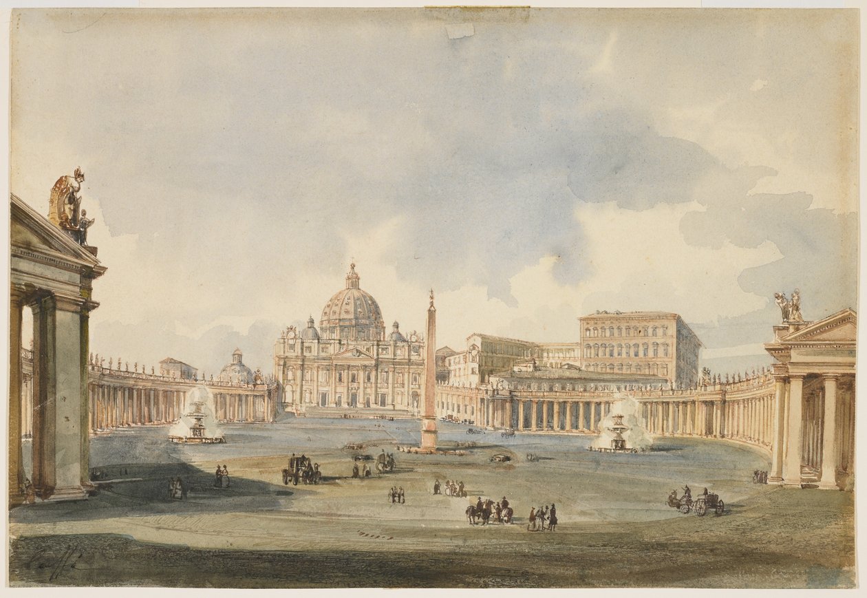 Näkymä Pyhän Pietarin aukiolle ja basilikaan Roomassa, n. 1846 tekijältä Ippolito Caffi