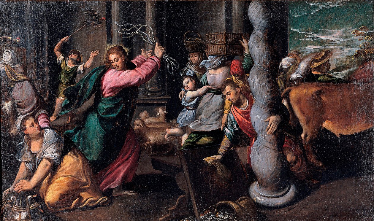 Le Christ chassant les marchands du temple - Kristus ajaa rahanlainaajat temppelistä - Ippolito Scarsellinon (Scarsella) maalaus (1551-1620), öljy kankaalle 1580-1585 (68x116 cm) - Musei Capitolini, Rooma tekijältä Ippolito Scarcella