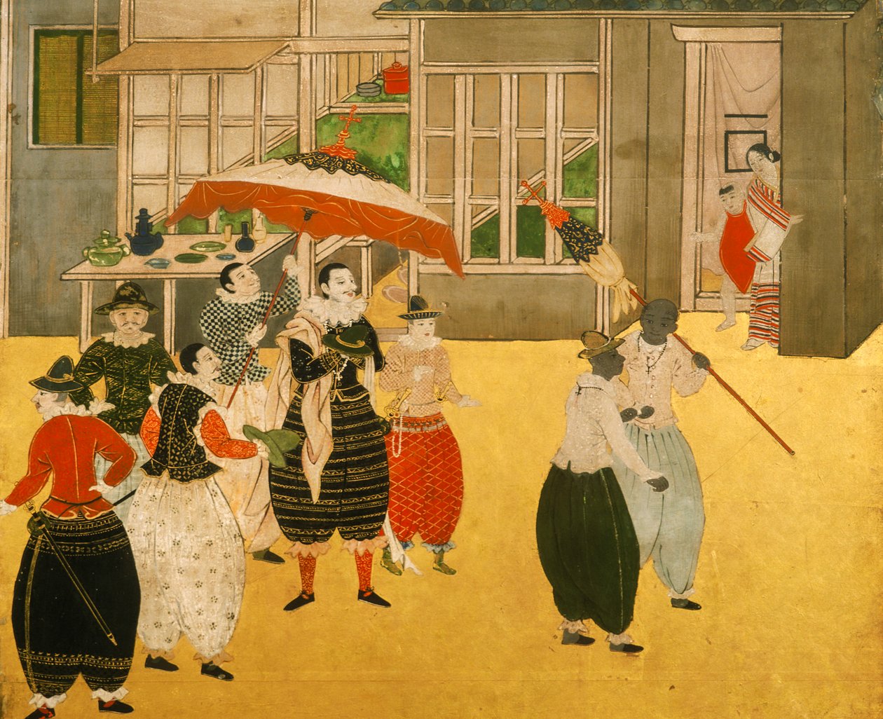 Yksityiskohtia Nambanin byobu-näytöstä, joka kuvaa portugalilaisia kauppiaita, jotka vierailivat Japanissa Momoyama-kaudella, 2005 (kuva). tekijältä Ira Block