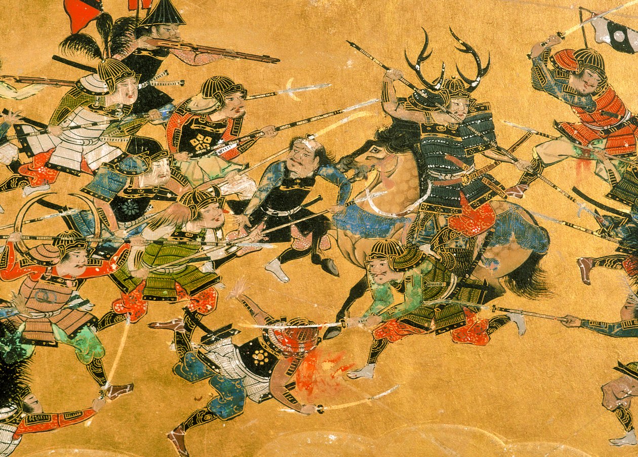 Kaksi keskimmäistä paneelia, jotka kuvaavat kohtauksia Osakan taistelusta, Japani, 2005 (kuva). tekijältä Ira Block