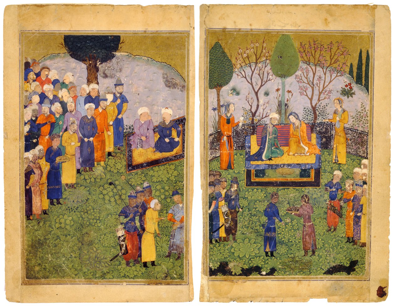 Ruhtinaspariskunta hovimiesten kanssa puutarhassa. Shahnama Kings -kirjasta tekijältä Iranian Master