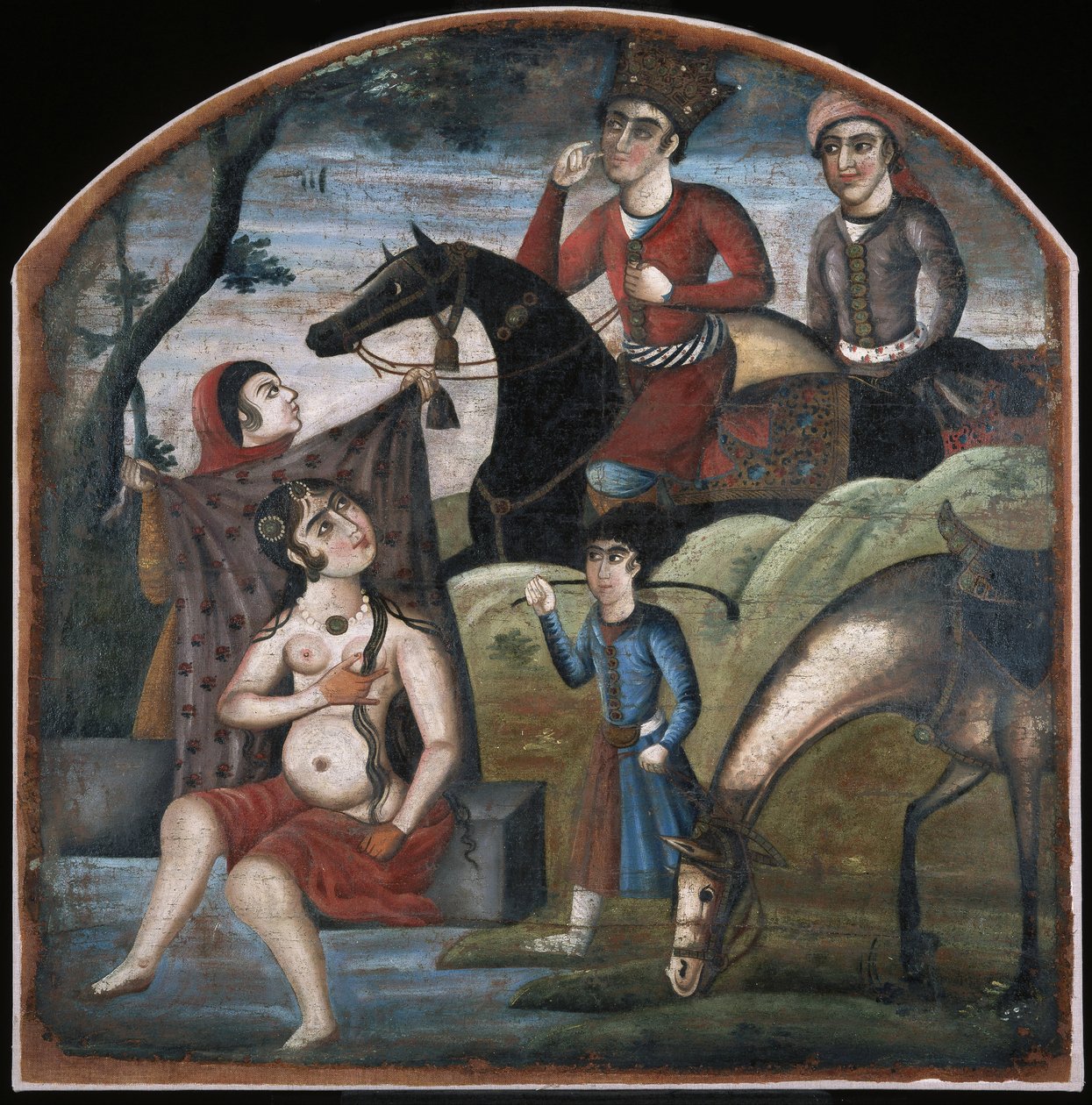 Khusraw löytää Shirinin kylpemisen. Kahdeksan runollisen aiheen kuvasarjasta, 1700-luvun puoliväli. tekijältä Iranian Master