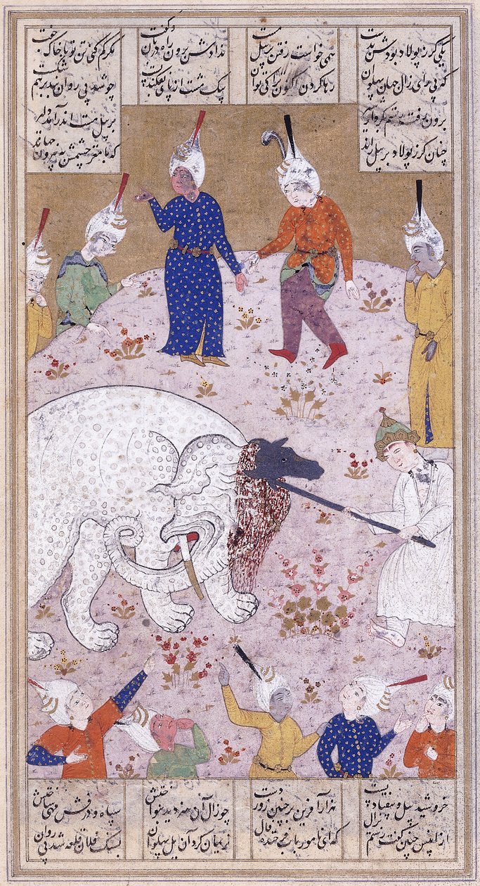 Nuori Rustem surmaamassa valkoisen norsun, n. 1545 tekijältä Iranian School