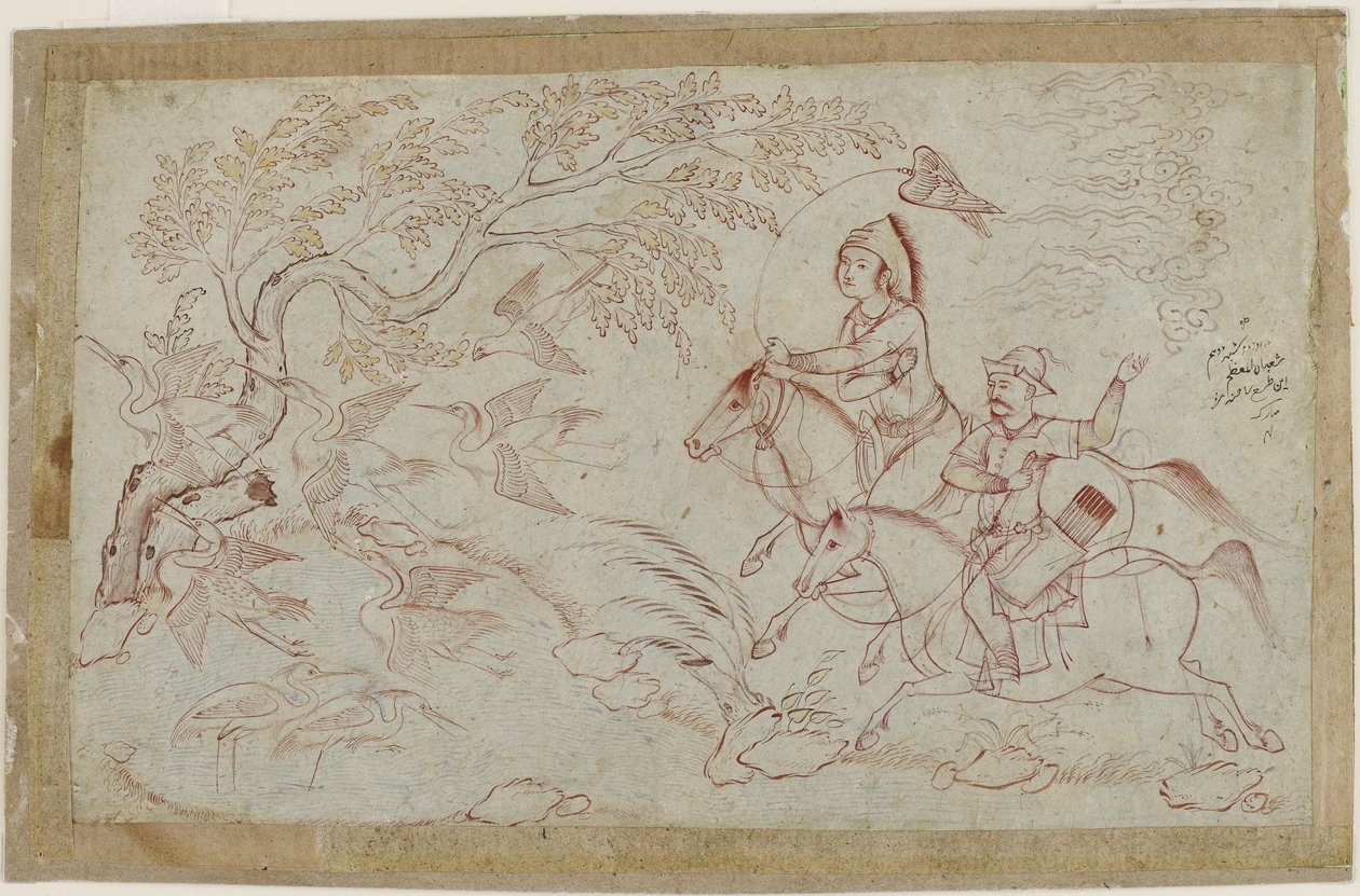 Kaksi ratsumiestä metsästämässä haukalla, 1640-luku tekijältä Iranian School