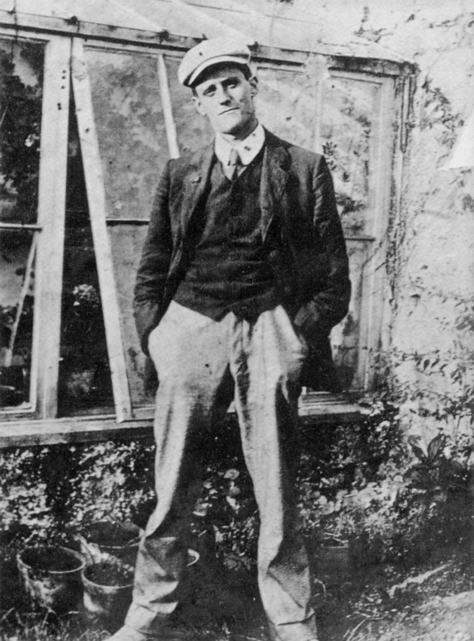 James Joyce ystävänsä Constantine Curranin puutarhassa Dublinissa, 1904 tekijältä Irish Photographer