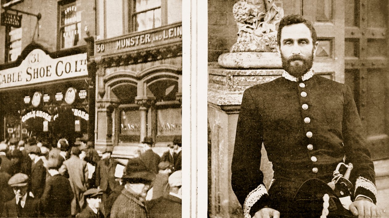 Dublinin väkijoukon ryöstetty: Boot-shop Sackville Streetillä ja Irlannin kapinan yllyttäjä Saksan avustuksella: Sir Roger Casement, The Illustrated War News, 1916 tekijältä Irish Photographer