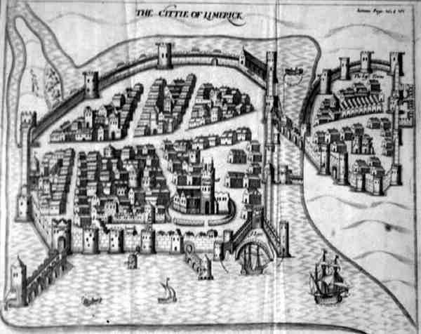 Irlannin Limerickin kaupungin 1600-luvun suunnitelma (kaiverrus) tekijältä Irish School