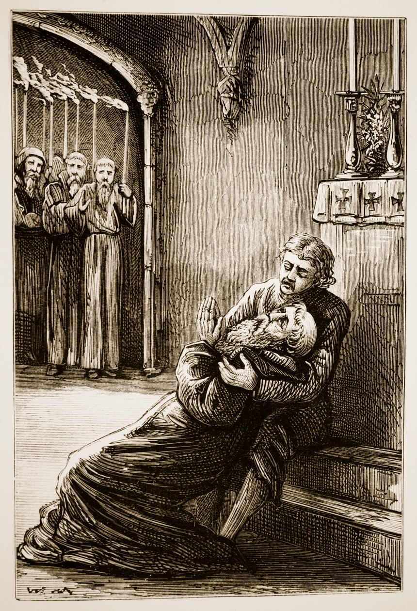 Mary Cusackin (1829-1899) The Trias Thaumaturga, eli Irlannin kolme ihmetekevää pyhää, St. Columban kuolema, julkaistu noin 1890-luvulla tekijältä Irish School