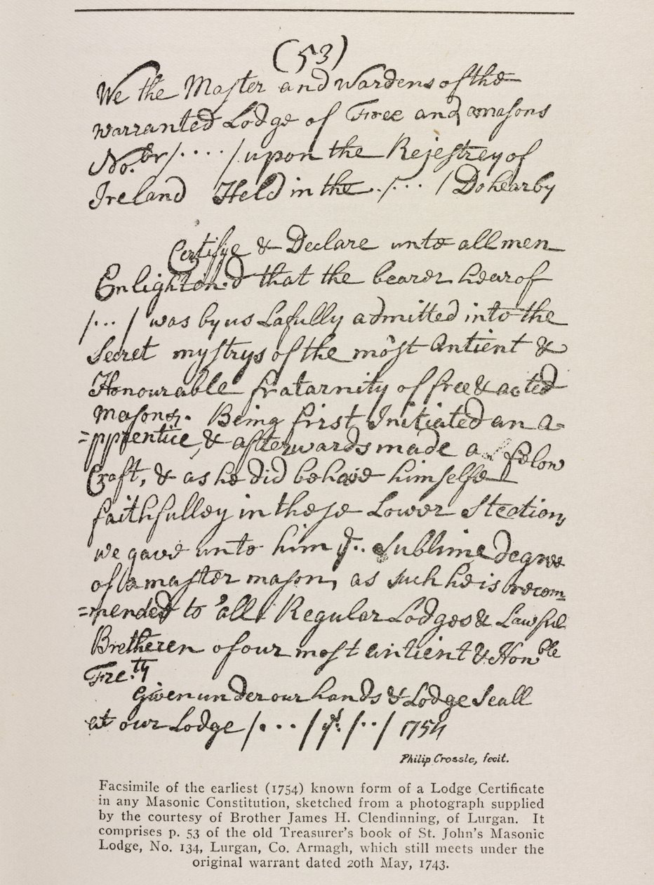 Varhaisin tunnettu todistus (irlantilainen) Grand Lodgen sinetillä, 1762 tekijältä Irish School