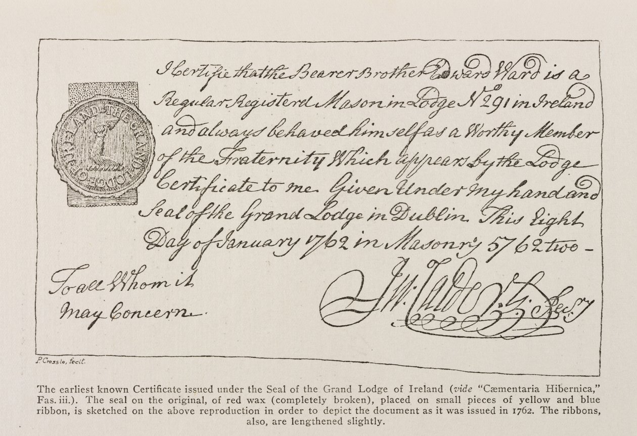 Faksimile vanhimmasta tunnetusta todistuksesta, joka on myönnetty Irlannin suurloosin sinetillä, päivätty 1762 tekijältä Irish School