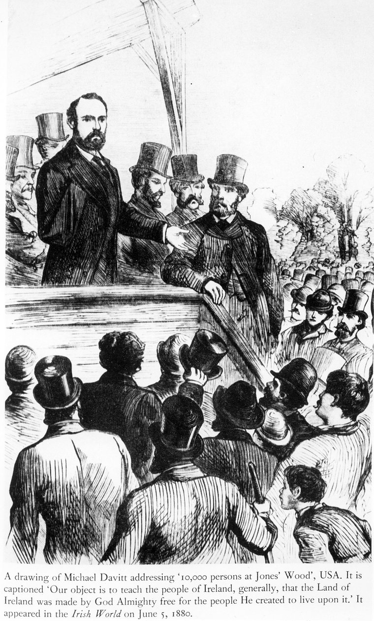 Michael Davitt puhuu 100 000 henkilölle Jones Woodissa, Yhdysvalloissa, Irish Worldistä, 5. kesäkuuta 1880 tekijältä Irish School