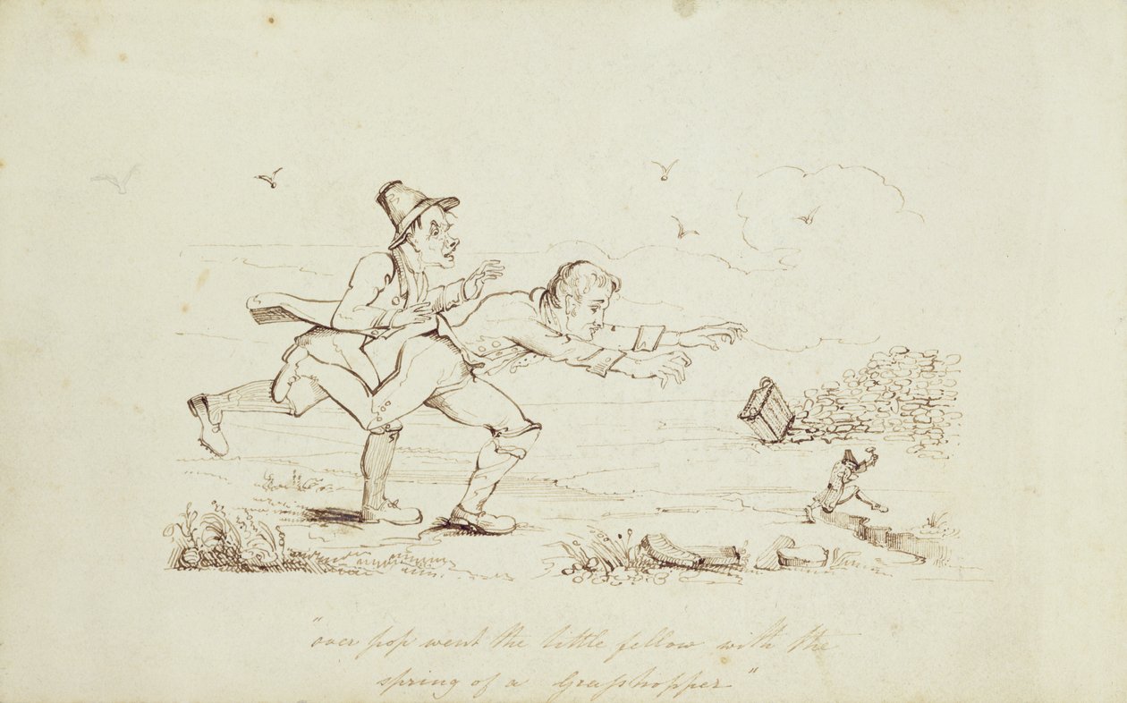 Yli Pop Went the Little Fellow with the Spring of a Heinäsirkka, kirjakuvitus, jossa on kaksi irlantilaista jahtaamassa leprechaunia, 1800-luku (kynä ja muste paperille) tekijältä Irish School