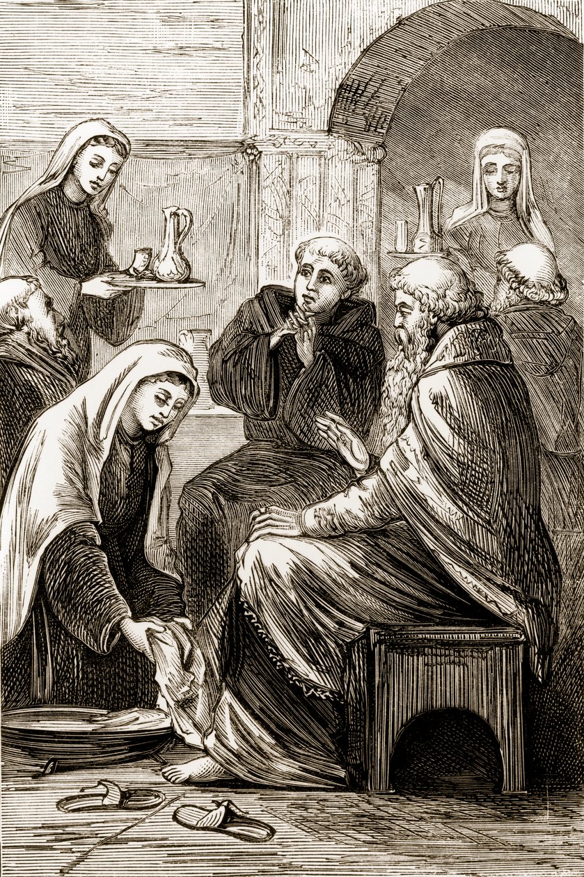 St. Brigit viihdyttämässä piispaa, Mary Cusackin (1829-1899) Trias Thaumaturga eli Irlannin kolme ihmetekevää pyhää, julkaistu noin 1890-luvulla tekijältä Irish School