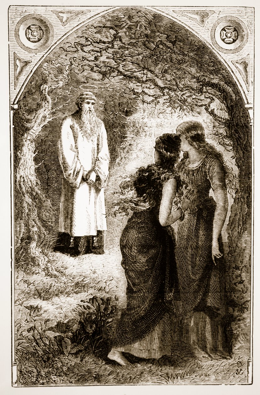 Pyhä Patrickin tapasivat neitsyet Fochlutin metsässä, Mary Cusackin (1829–1899) 1890-luvulla julkaistusta The Trias Thaumaturgasta tai Three Wonder-Working Working Saints of Irelandista tekijältä Irish School