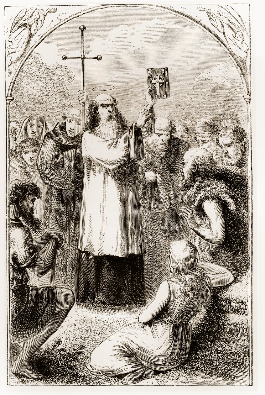 St. Patrick näyttää Irlannin kansalle neljä evankeliumia, The Trias Thaumaturga tai Three Wonder-Working Working Saints of Ireland, kirjoittaja Mary Cusack (1829-99), julkaissut noin 1890-luvulla tekijältä Irish School