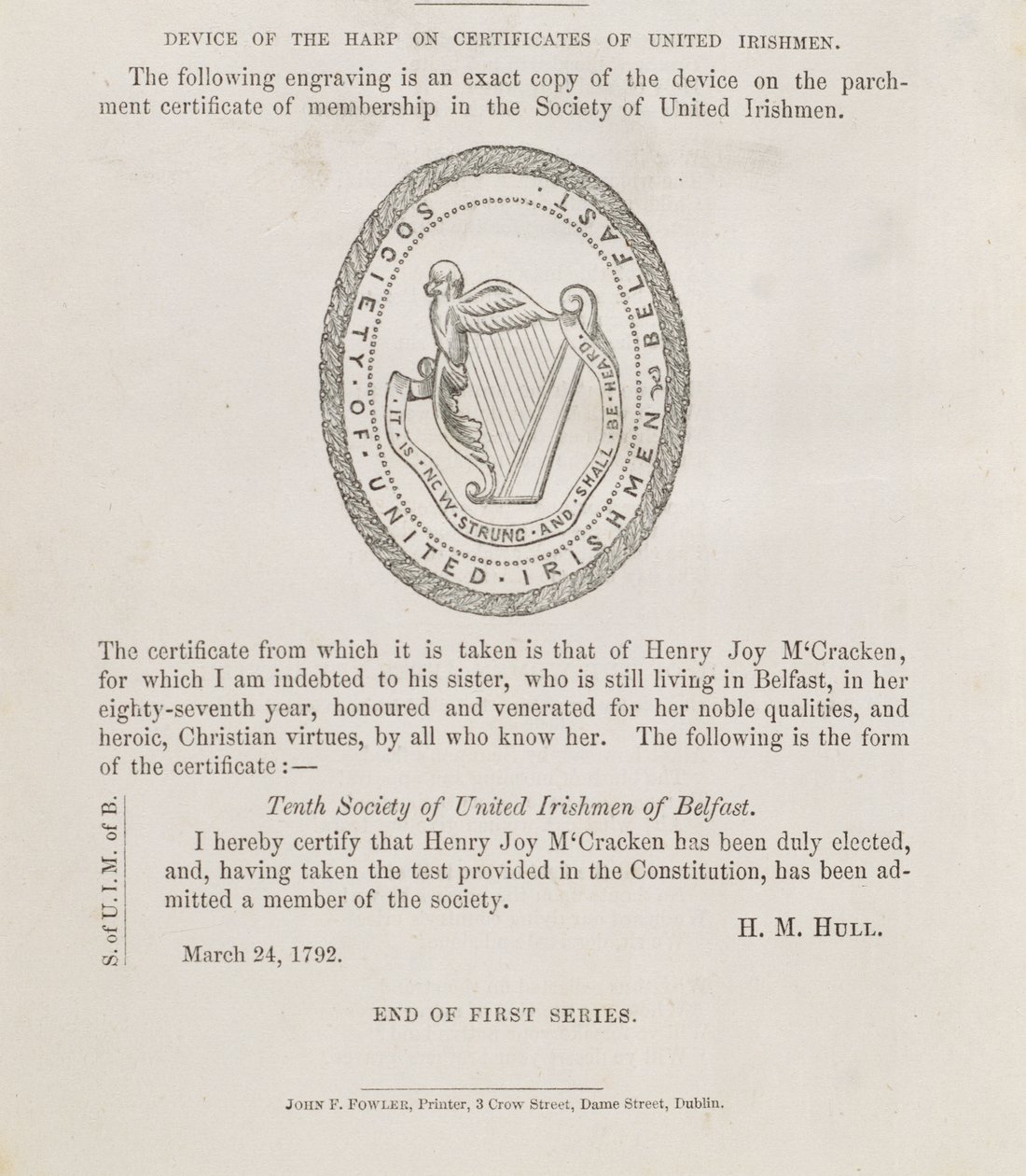 Belfastin Yhdistyneen Irlantilaisyhdistyksen sinetti, noin 1792 (kaiverrus). tekijältä Irish School